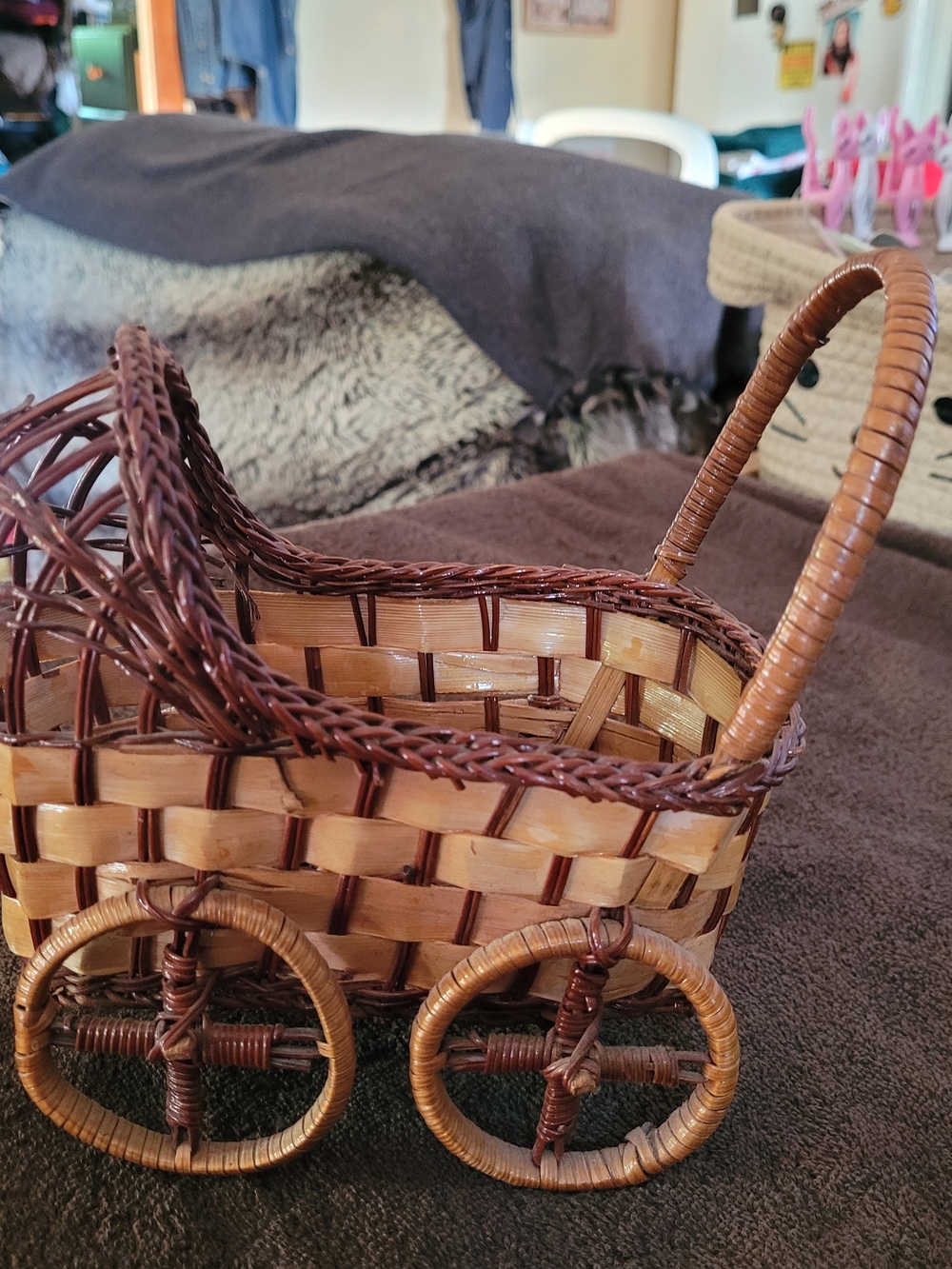 Handwoven Brown Wicker Decorative Baby Carriage Basket - Home Accents